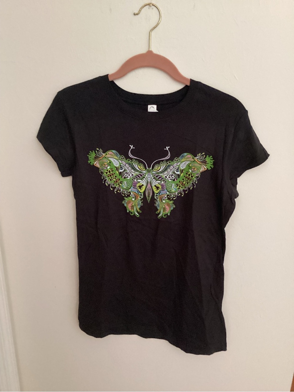 Delta Black Tee with Green and Mint Butterfly Motif